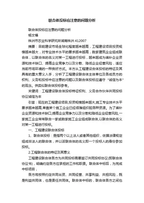 联合体投标应注意的问题分析