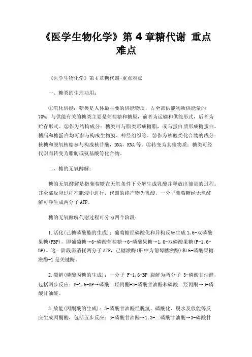 《医学生物化学》第4章糖代谢重点难点