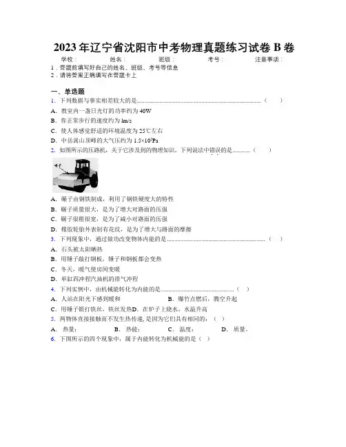 2023年辽宁省沈阳市中考物理真题练习试卷B卷附解析