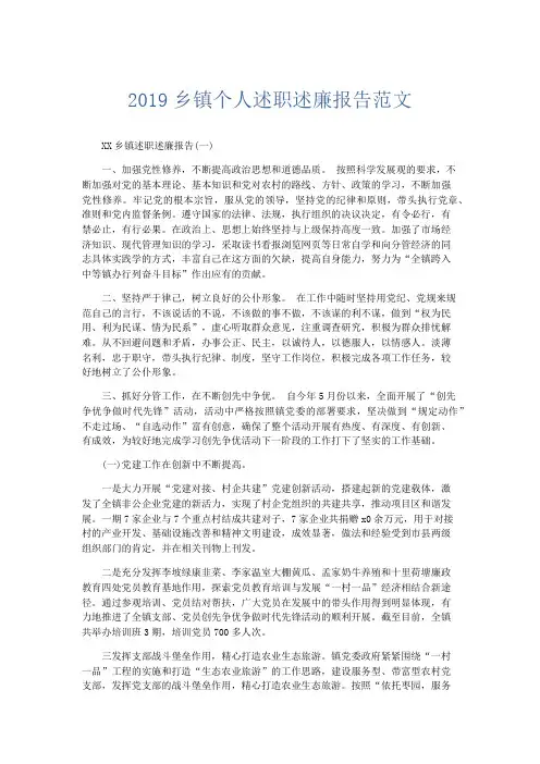 总结报告-2019乡镇个人述职述廉报告范文 精品