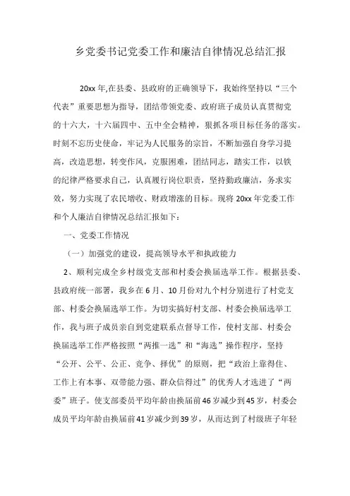 乡党委书记党委工作和廉洁自律情况总结汇报