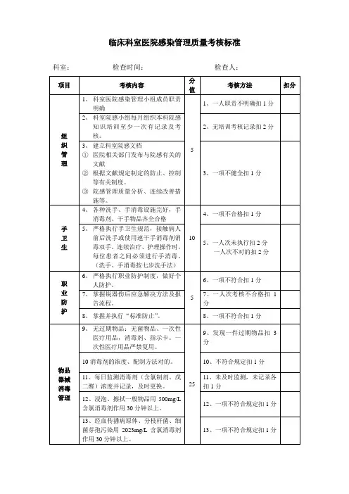 临床科室医院感染管理质量考核标准