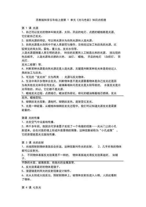 苏教版科学五年级上册第1单元《光与色彩》知识点梳理