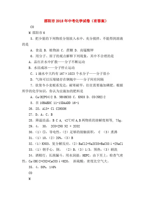 【初三化学试题精选】邵阳市2018年中考化学试卷(有答案)