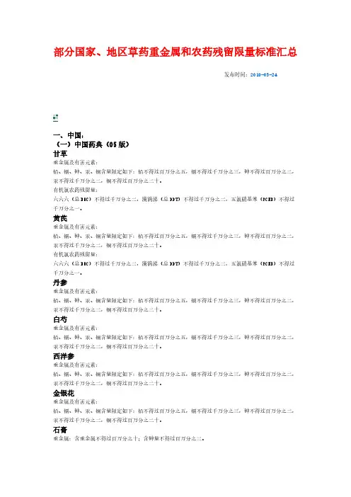 [VIP专享]部分国家、地区草药重金属和农药残留限量标准汇总