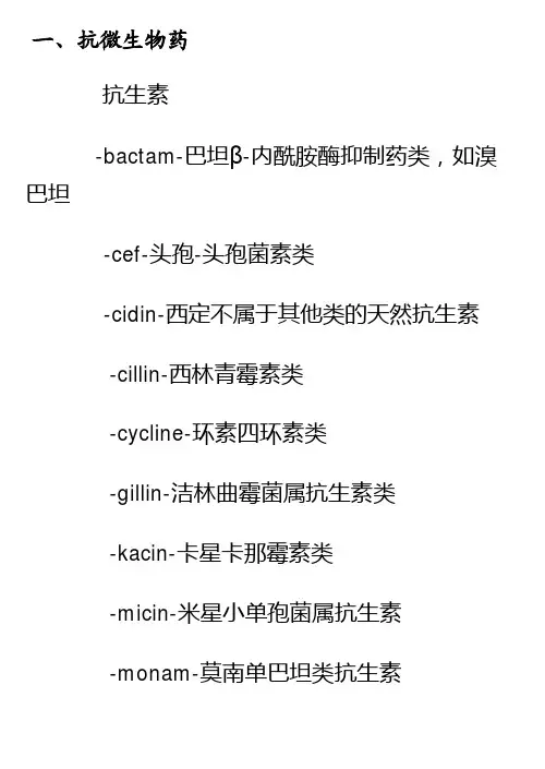 常用药物分类及通用的药名词干