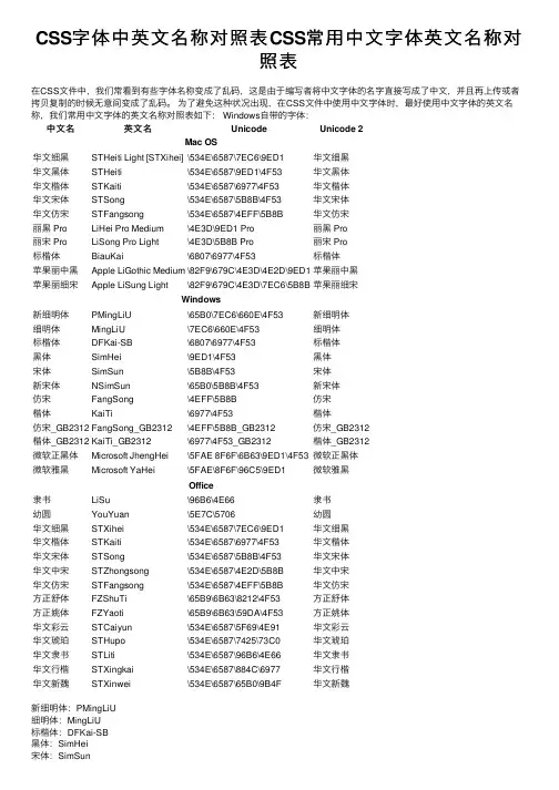 CSS字体中英文名称对照表CSS常用中文字体英文名称对照表