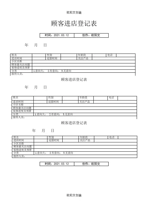 顾客进店登记表之欧阳文创编