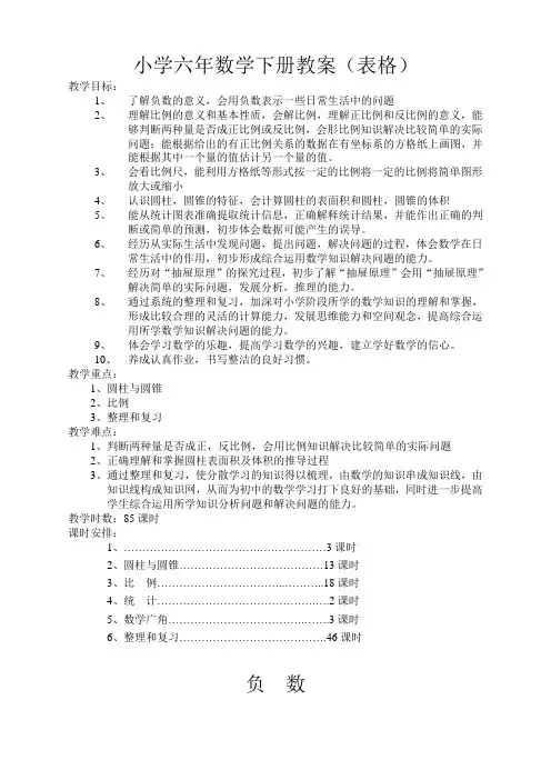 人教版六年级数学下册表格式教案(全册)【2020新审】