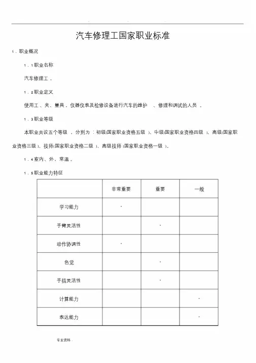 汽车修理工国家职业技能鉴定标准