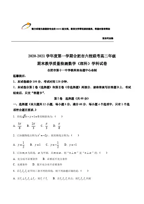 安徽省合肥市六校2020-2021学年高二上学期期末考试数学(理)试题 PDF版含答案