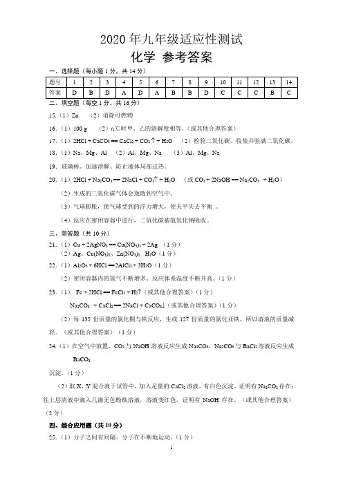 2020年郑州市九年级中招适应性测试化学参考答案