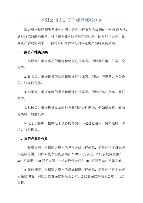 有限公司固定资产编码规则分类