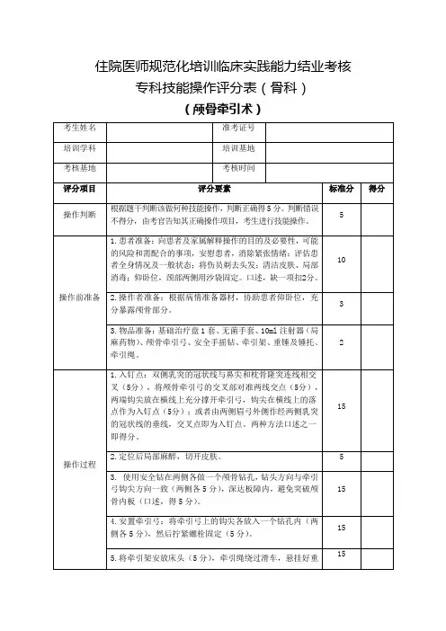住院医师规范化培训临床实践能力结业考核专科技能操作评分表(骨科)颅骨牵引术