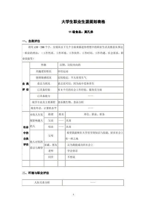 大学生职业生涯规划表格