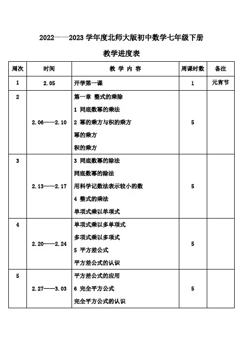 2023年春学期北师大版初中数学七年级下册教学进度表