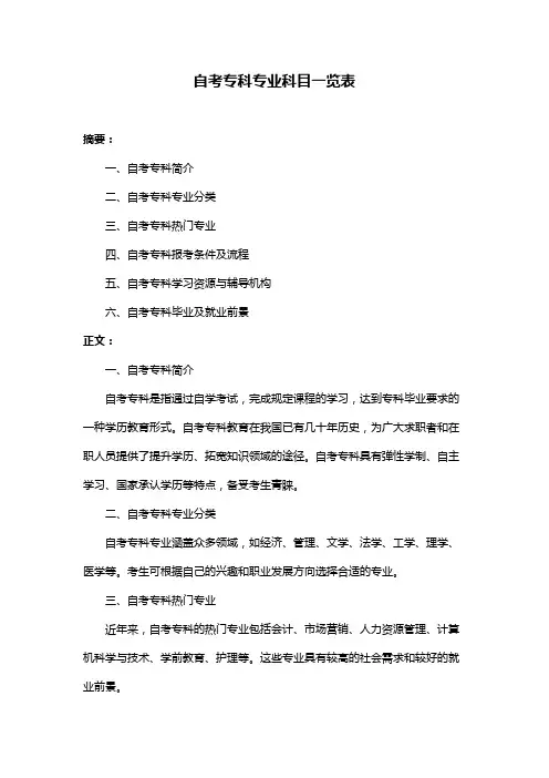 自考专科专业科目一览表