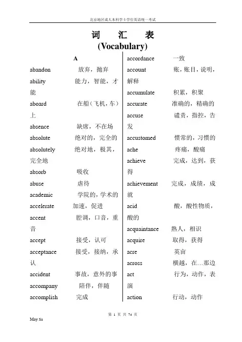 北京地区成人本科学位英语考试大纲词汇表