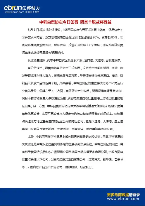 【数据】中韩自贸协定今日签署 四类个股或将受益