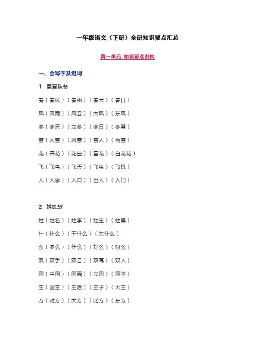 一年级语文(下册)全册知识要点汇总
