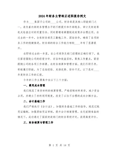 2024年财务主管转正述职报告例文（9篇）