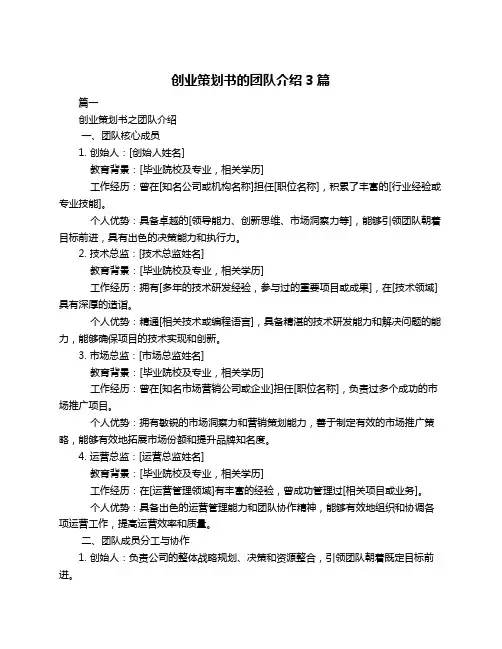 创业策划书的团队介绍3篇