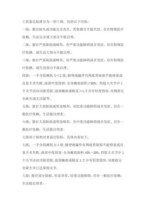工伤1至10级鉴定标准