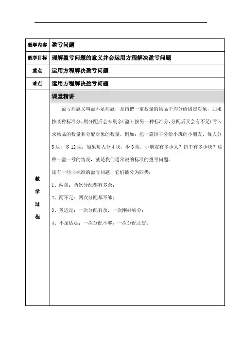 小学奥数 盈亏问题 知识点+例题+练习 (分类全面)