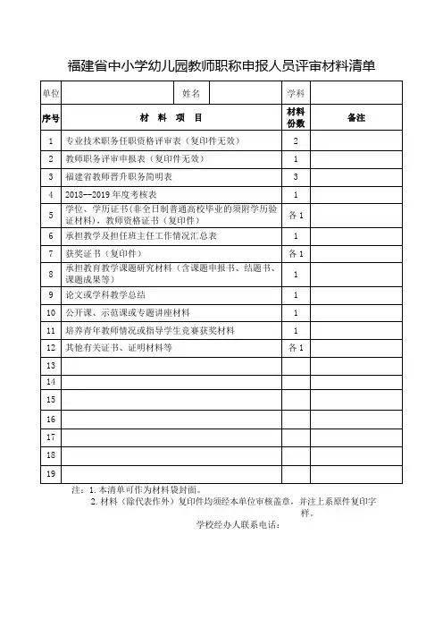 福建省中小学幼儿园教师职称申报人员评审材料清单