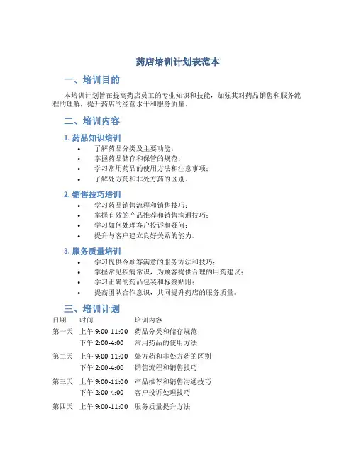 药店培训计划表范本