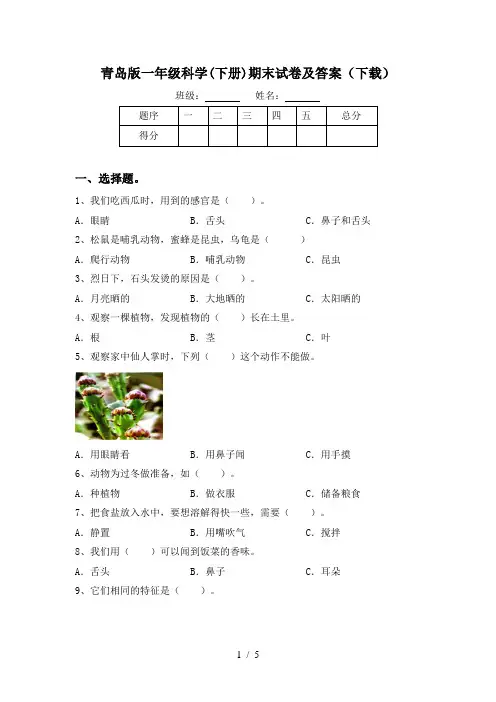 青岛版一年级科学(下册)期末试卷及答案(下载)