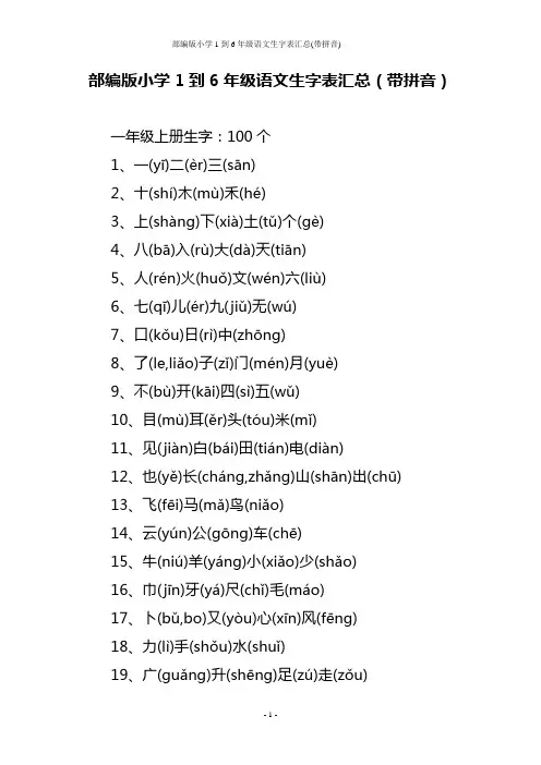 部编版小学1到6年级语文生字表汇总(带拼音)