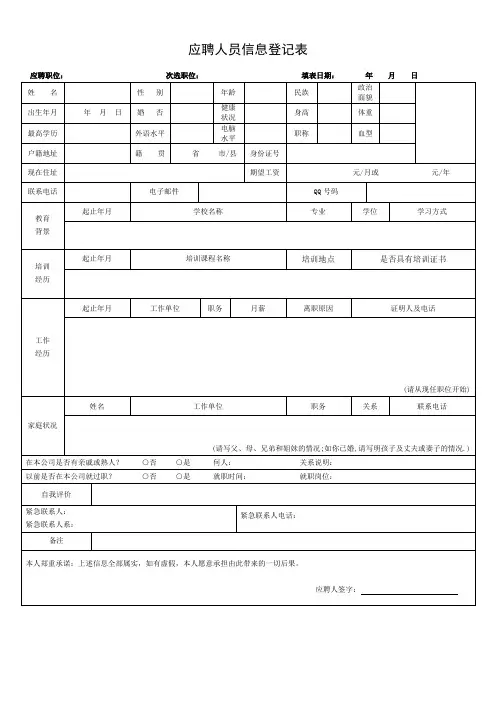 应聘人员信息登记表