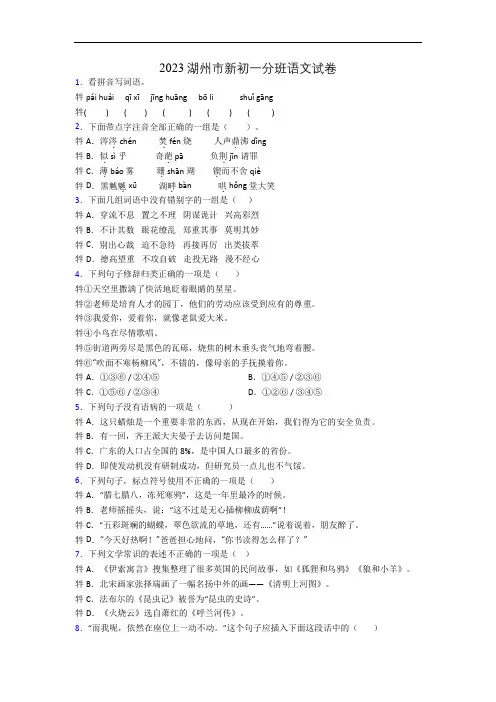 2023湖州市新初一分班语文试卷