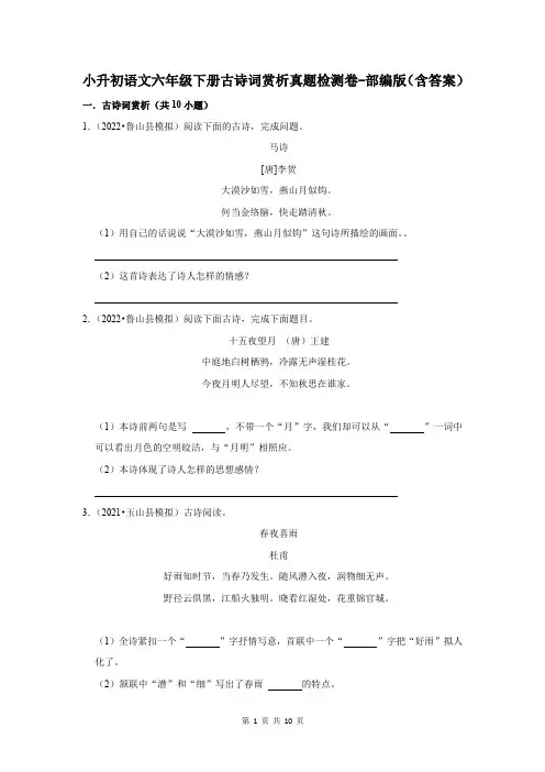 小升初语文六年级下册古诗词赏析真题检测卷-部编版(含答案)