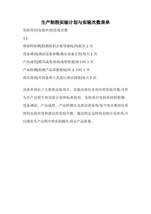 生产制程实验计划与实验次数表单