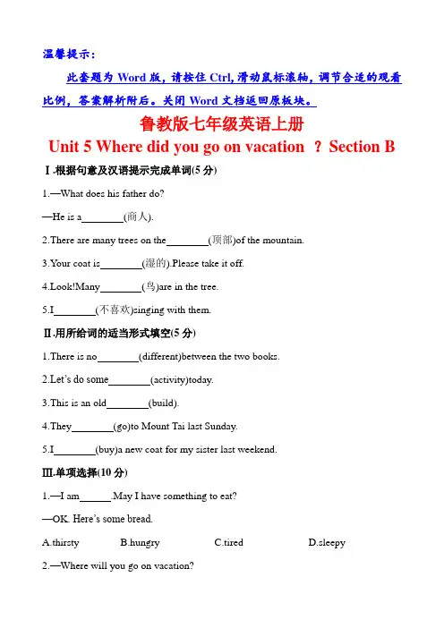 鲁教版七年级英语上册单元测试Unit 5 Where did you go on vacation ？Section B (附答案)