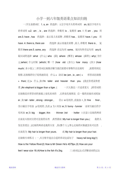 最全面小学一到六年级英语重点知识归纳(精华版)