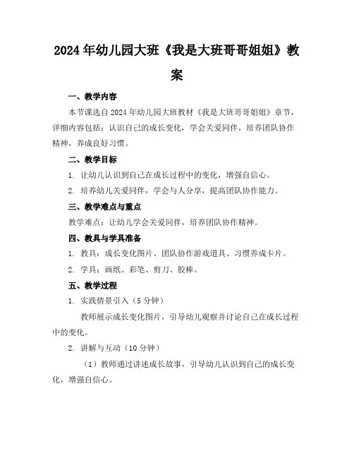 2024年幼儿园大班《我是大班哥哥姐姐》教案(1)