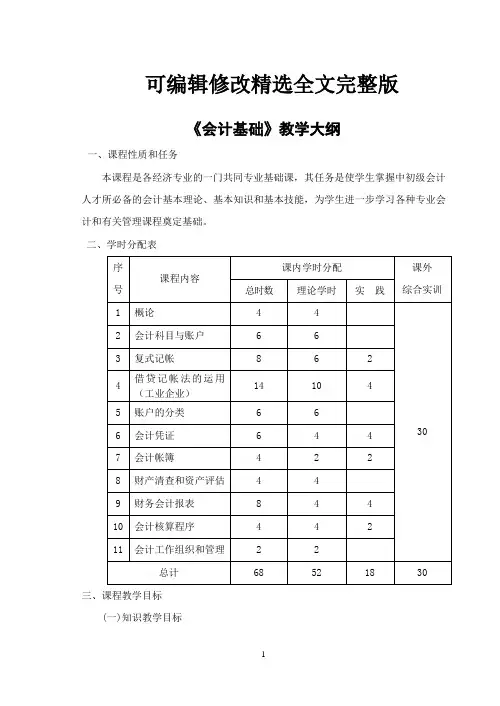《会计基础》教学大纲精选全文