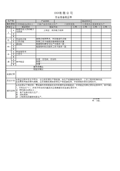 作业准备验证表