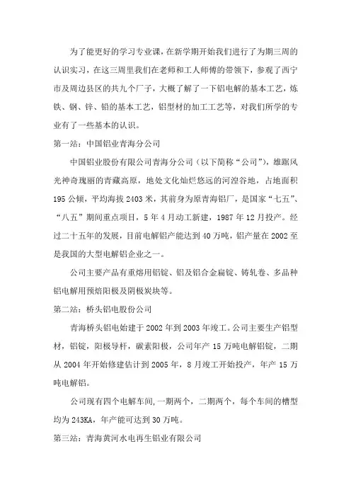 青海铝厂认识实习报告