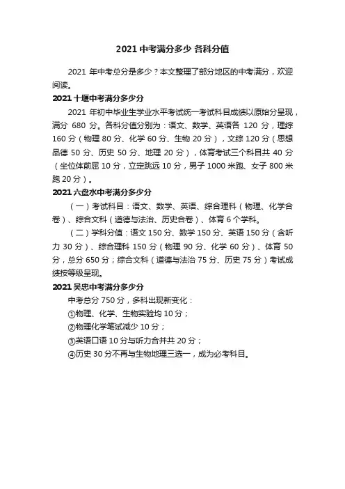 2021中考满分多少各科分值