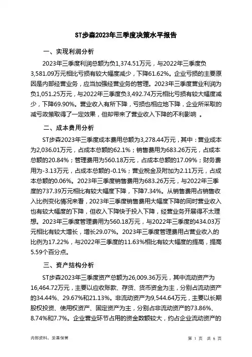 002569ST步森2023年三季度决策水平分析报告