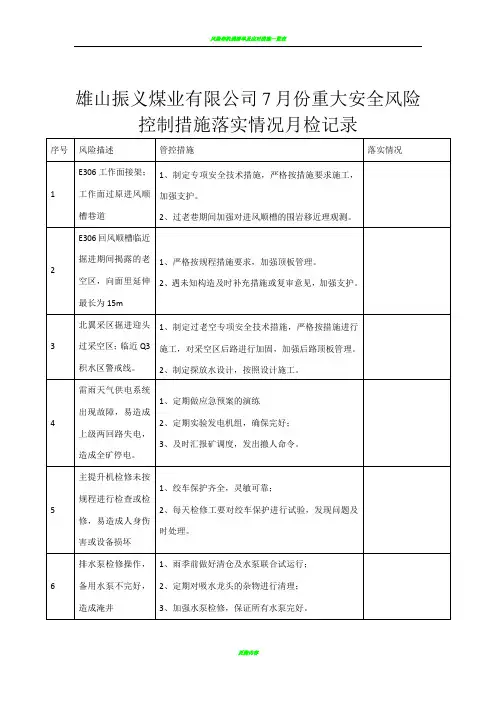 风险控制措施落实情况月度检查表