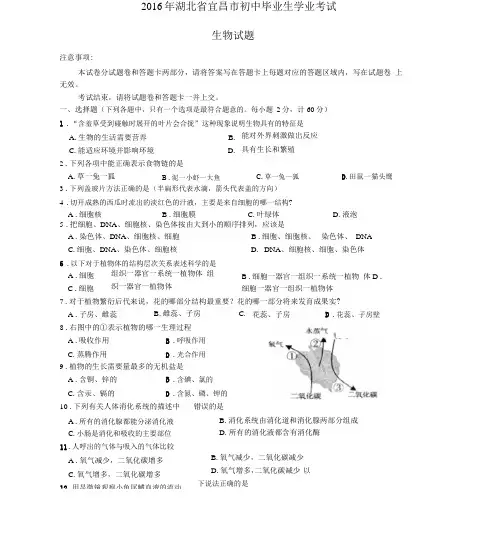 湖北宜昌初中生物学业考试卷试题及标准答案