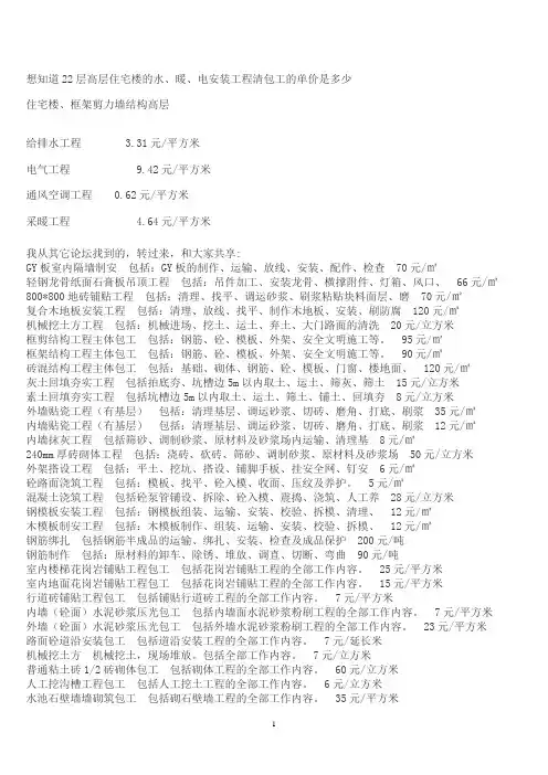 高层住宅楼的水、暖、电安装工程清包工的单价