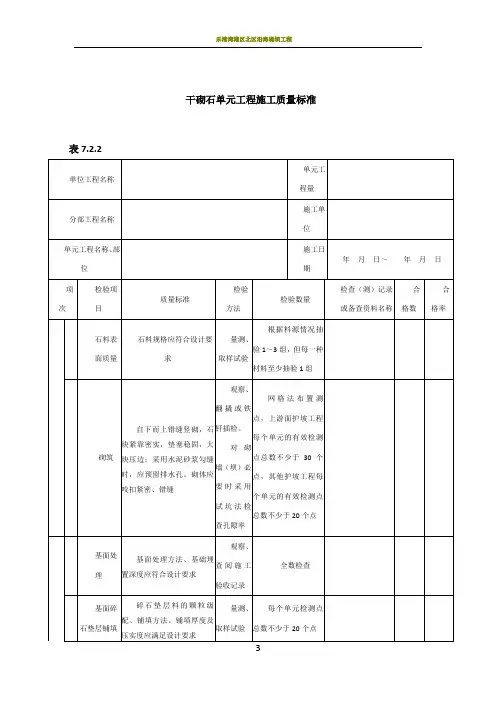 干砌石单元工程施工质量验收评定表