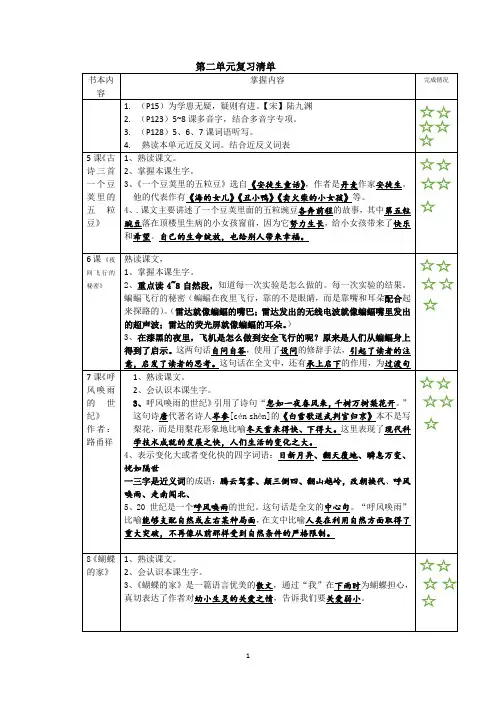 语文四年级下册部编版第二单元复习清单