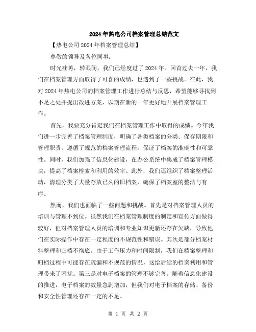 2024年热电公司档案管理总结范文